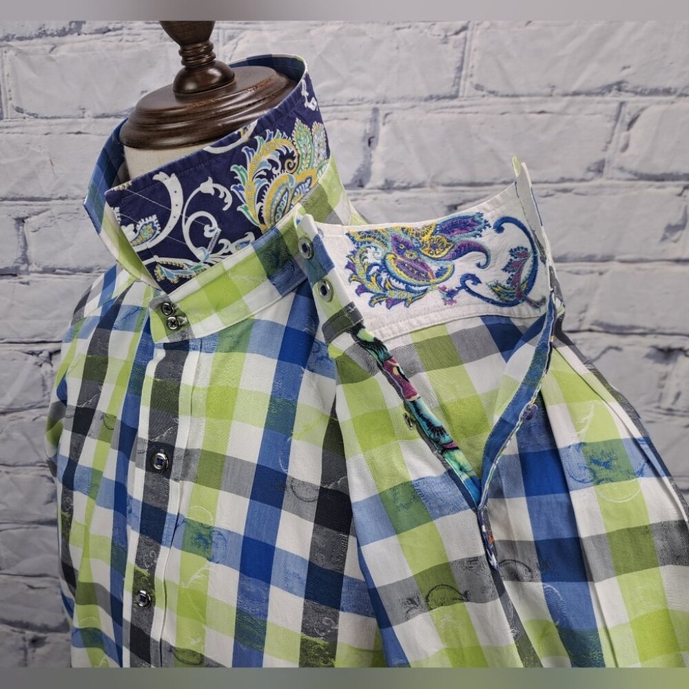 Robert Graham Button Down Shirt Casual Check Paisley Flip Cuff Green Blue Large
